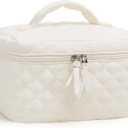 Prite Cotton Makeup Bag Quilted Makeup Bag Large Floral Cosmetic Bag for Women Cute Travel Toiletry Bag with Handle(Beige)