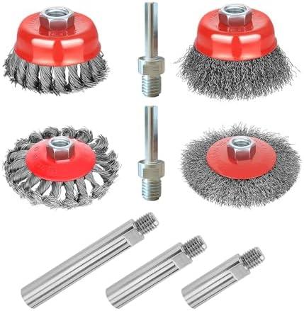 Gaquolam 9 Pack Wire Wheel Brush kit with 5/8"-11 Thread Grinder Extension Rod & Drill Adapter, 4" & 3" Wheel Cup Wire Brushes (Wire Wheel Set with Grinder Extension Rod & Drill Adapter)