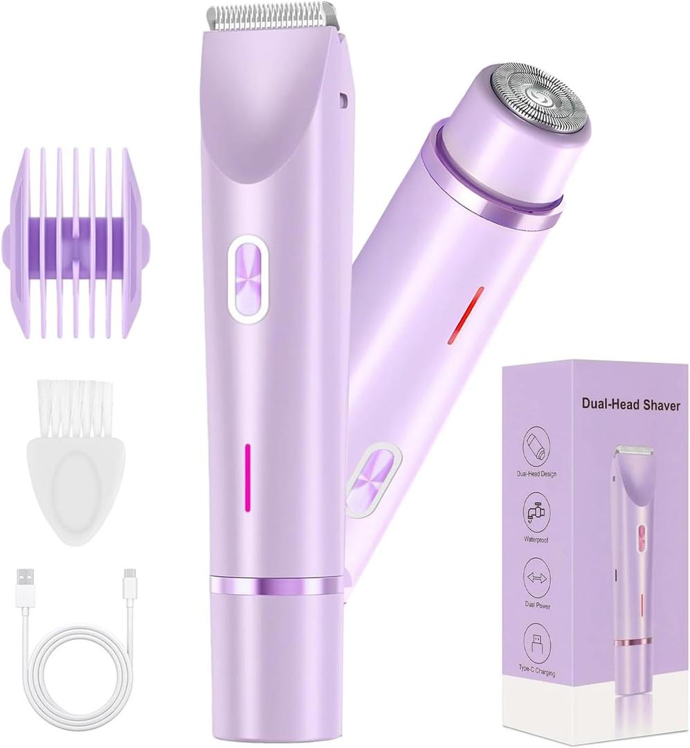 2 in 1 Bikini Trimmer for Women, Rechargeable Electric Razors for Women, Wet/Dry Use Lady Electric Shaver for Bikini Face Lip Underarm Legs Pubic Hair (Purple)