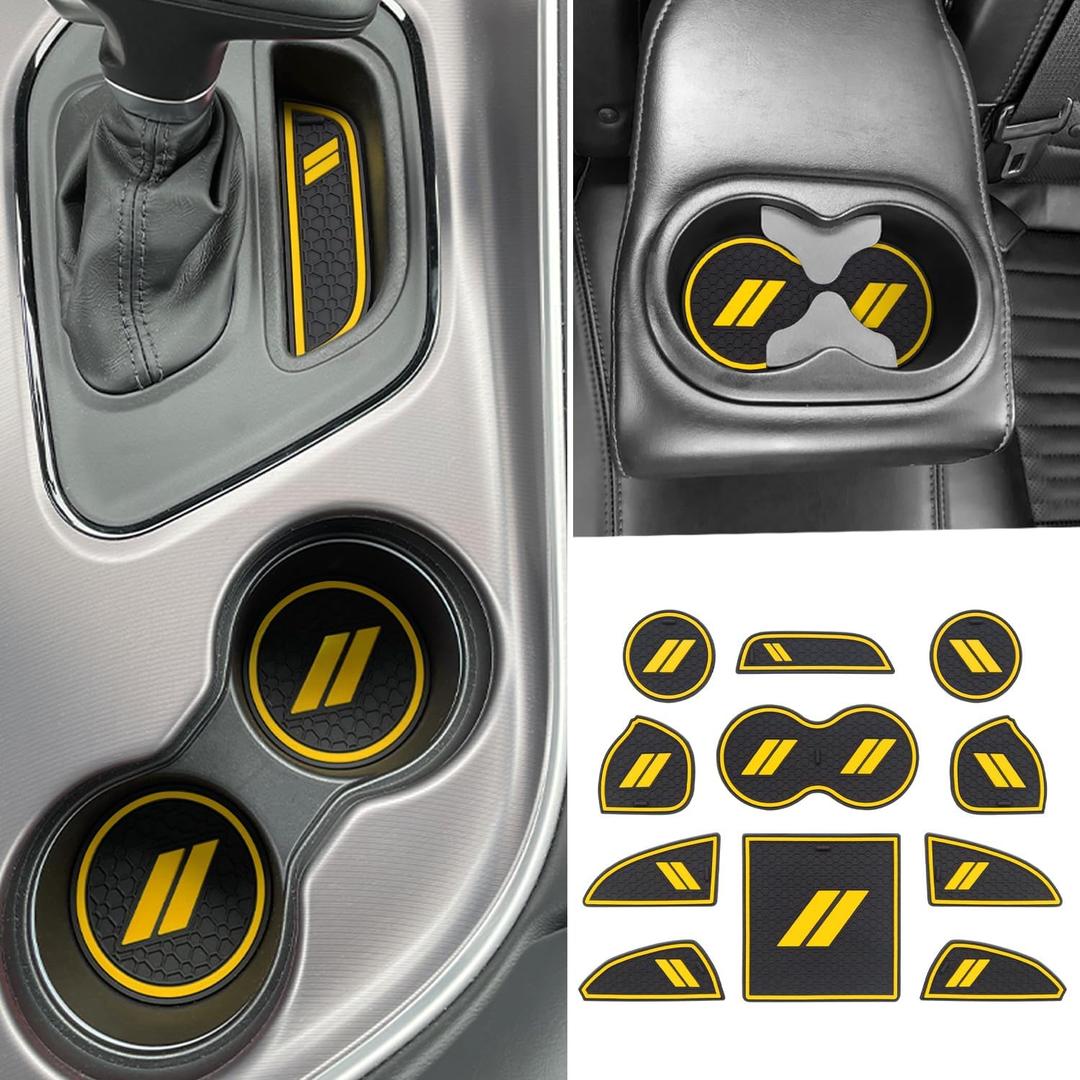 REMOCH
for Dodge Challenger Accessories 2015-2024 Custom Fits Cup Holder Insert Anti-dust Mats Door Pocket Center Console Liners(Yellow Trim) - 11 PCS Set