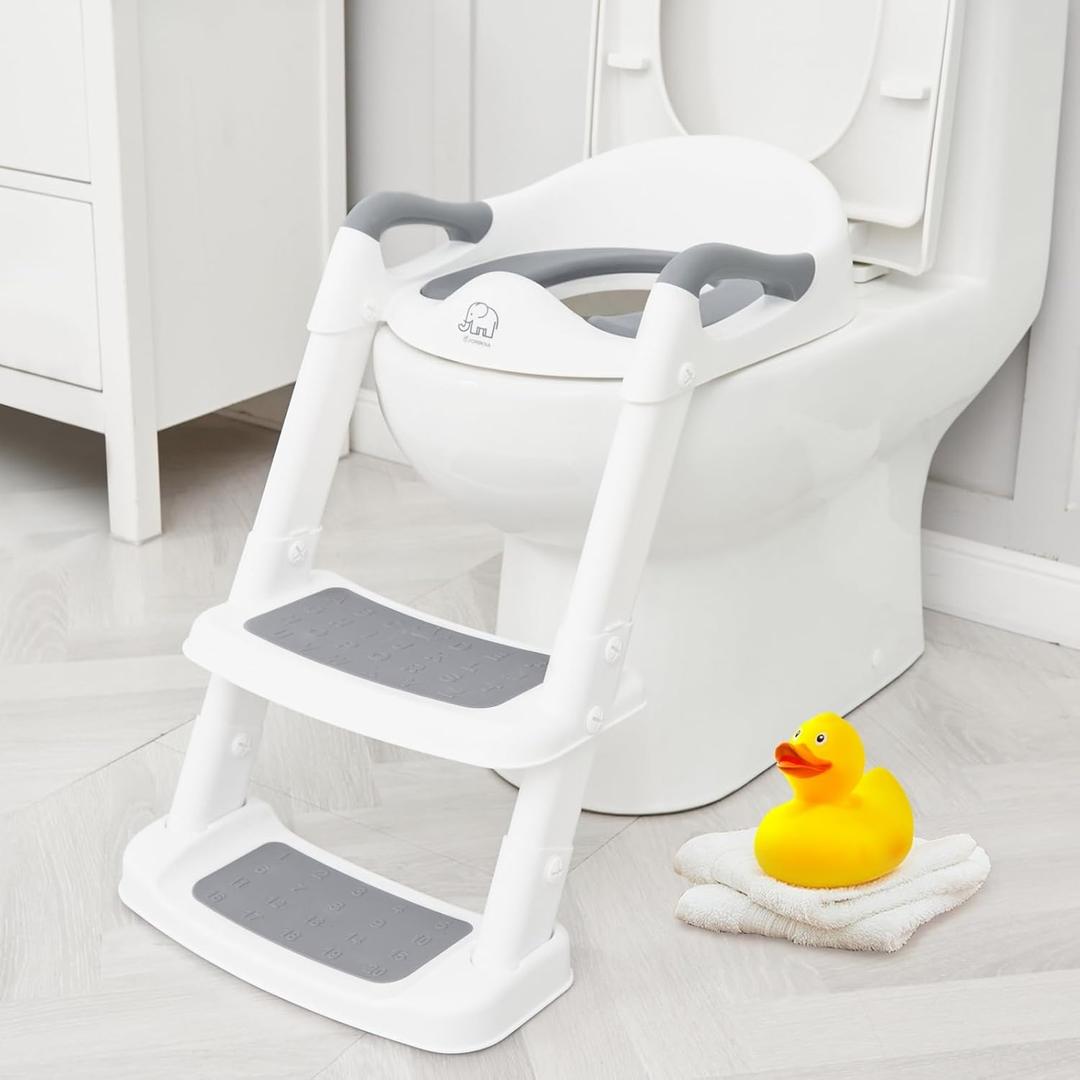 Forbena Potty Training Toilet Seat with Step Stool Ladder, Toddler Kids Potty Seat for Boys Girls, Non Slip Foldable Toilet Training Seat with Soft Cushion, Comfortable Handles (White-Grey) (White-grey)
