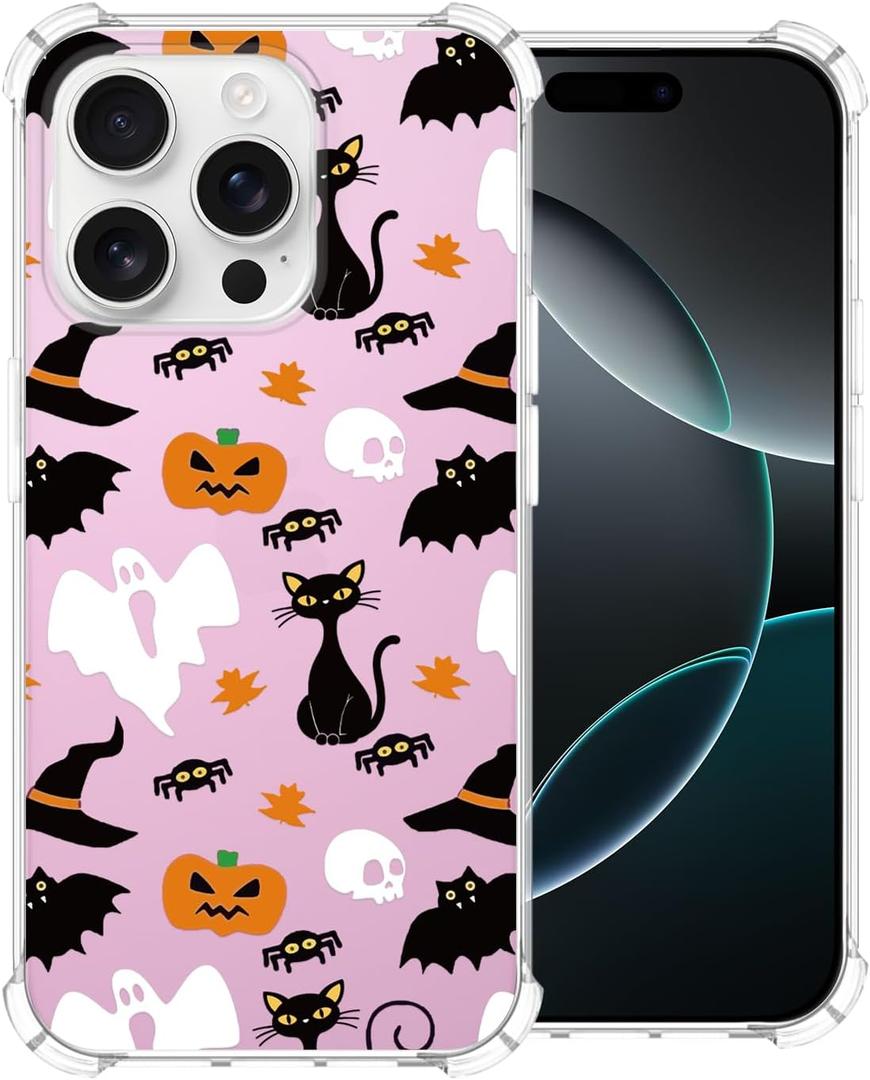 2 x Halloween Phone Case for iPhone 16 Pro Max,Pink Cartoon Ghost Pattern Cover Soft Bumper Protective Cute Boys Girls Phone Case for iPhone 16 Pro Max
