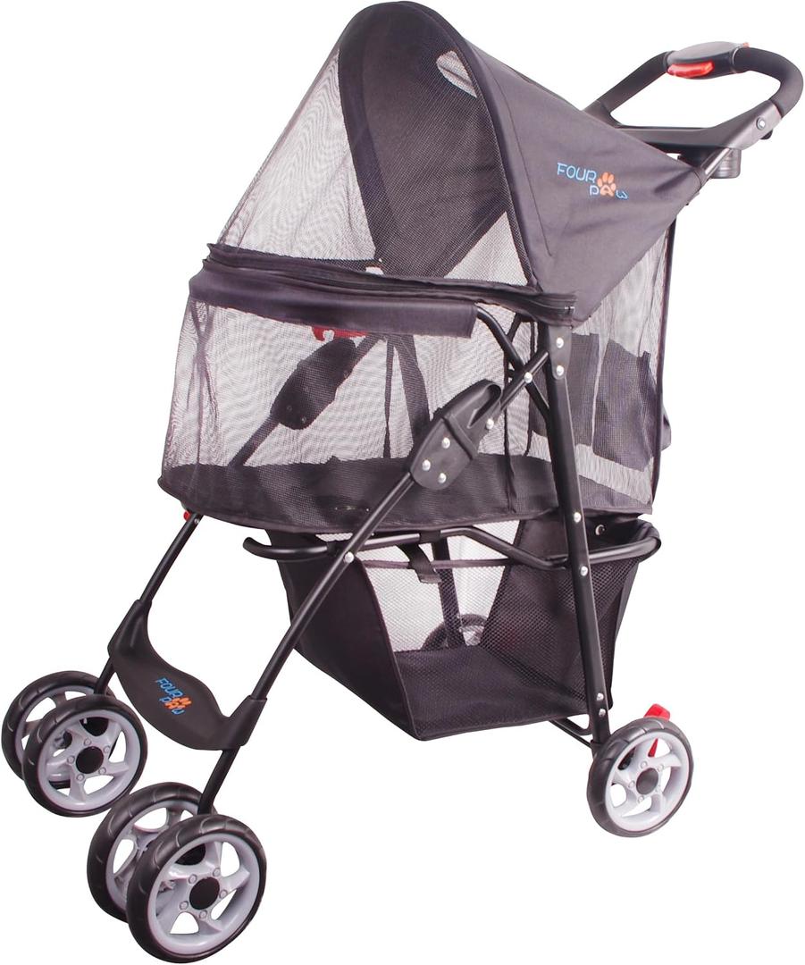 Full-Window pet Stroller 4 Wheels for Cats & Dogs, with Storage Basket,Cup Holder, Travel Puppy/Cats Stroller. (With Zipper Pet Stroller)