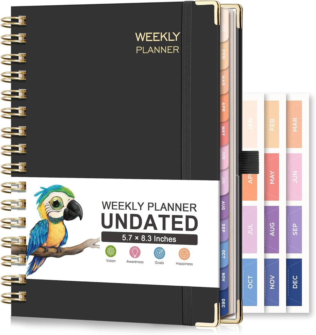 RETTACY Undated Planner, Weekly and Monthly, 53 Weeks and 12 Months, Medium Size (5.7" x 8.3"), 24 Self-adhesive Monthly Tabs, Hardcover, 100 GSM Thick Paper, Spiral-bound (Black)