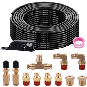 50FT 1/4 Air Hose Brass Fittings Kit 11pcs 1/4" OD Quick Push to Connect DOT Brass Fittings 1/4 SAE J844 PA12 Nylon Air Line Tubing with Cutter for Air Suspension Kit Truck Trailer Brake System