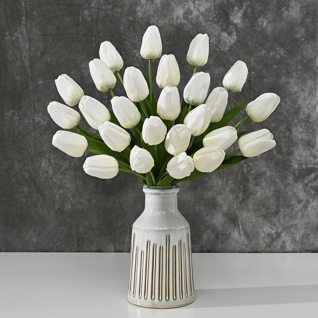 Yastouay 12-Pack White Tulips Artificial Flowers, Real Touch Latex Faux Tulips with Large Full Buds, Lifelike Vibrant Fake Tulips Bouquet for Spring Wedding Home Dcor, Table & Party Centerpiece