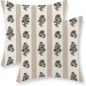 Floral Pillow Covers 16x16 Inch Set of 2 Block Print Brown Throw Pillows Vintage Flower Boho Outdoor Decorative Pillow Cases Striped Farmhouse Linen Cushion Case for Couch Sofa Home Decor