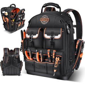 LOKASS Tool Backpack Heavy Duty with Molded Bottom, 1680D 56-Pocket Tool Bag Organizer with Laptop Compartment & Combination Lock, Durable Water-Resistant Electrician & HVAC Tool Backpack - Black
