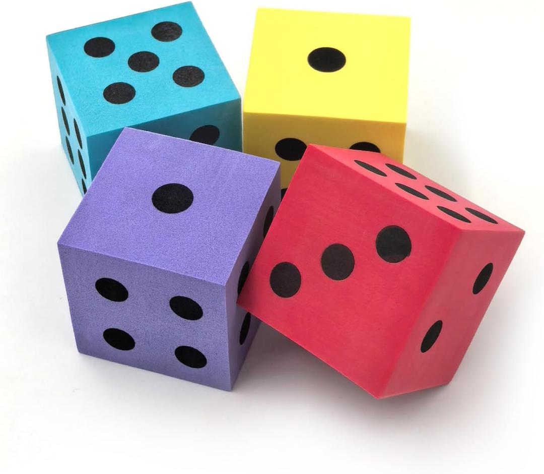 Deke Home - Foam Dice Set (Pack of 4), Big Dice for Classroom & Home Schooling, Assorted Bright Colors, Large 1.96 in, Lightweight, Quiet Play Toy, Math Games, Classrooms, Non-Toxic Materials