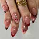 Mivota Medium Press On Nails Almond 3D Cherry Design with Gold Branch, Red French Tips & Leopard Pattern, 24PCS Acrylic Fake Nails with Glue & Tools, Glossy Reusable Stick On Nails for Women