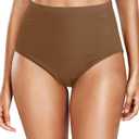 Zmart Women's High Waisted Bikini Bottom - Full Coverage Tummy Control Swimsuit Bathing Suit Swim Bottoms (Medium, Brown)