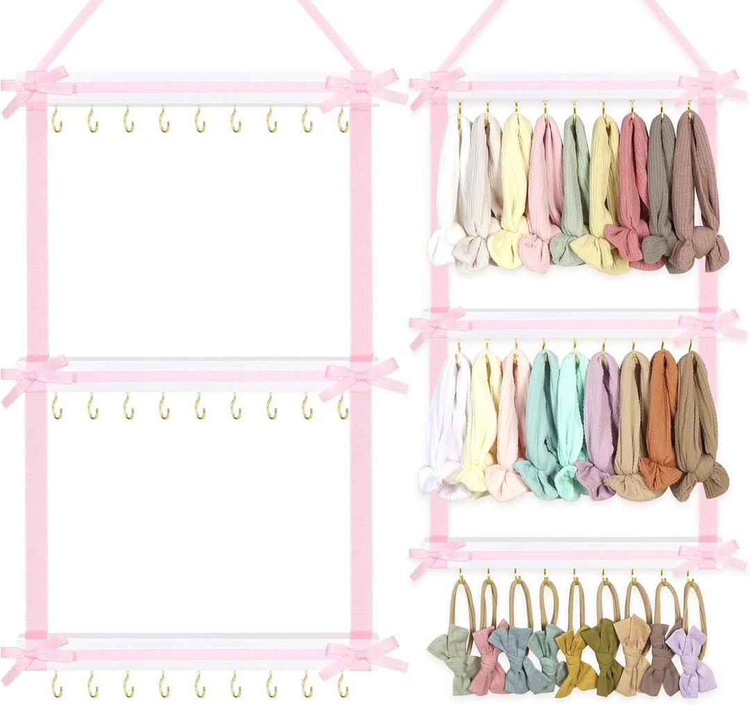 POVETIRE Headband Holder for Baby Girls, Hanging Headband Organizer Nylon Hairband Storage, Wall Hair Accessories Organizer Display for Nursery Room Decor (Neutral)