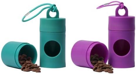 Dog poop bag holder-2 in 1 Dog Waste Bag holder Comes with pet snack box for Leash Lightweight Pet Waste Bag Dispenser，Equipped with nylon rope and buckle (Excluding dog waste bag)(Green+Purple) ﻿Pack Of 3