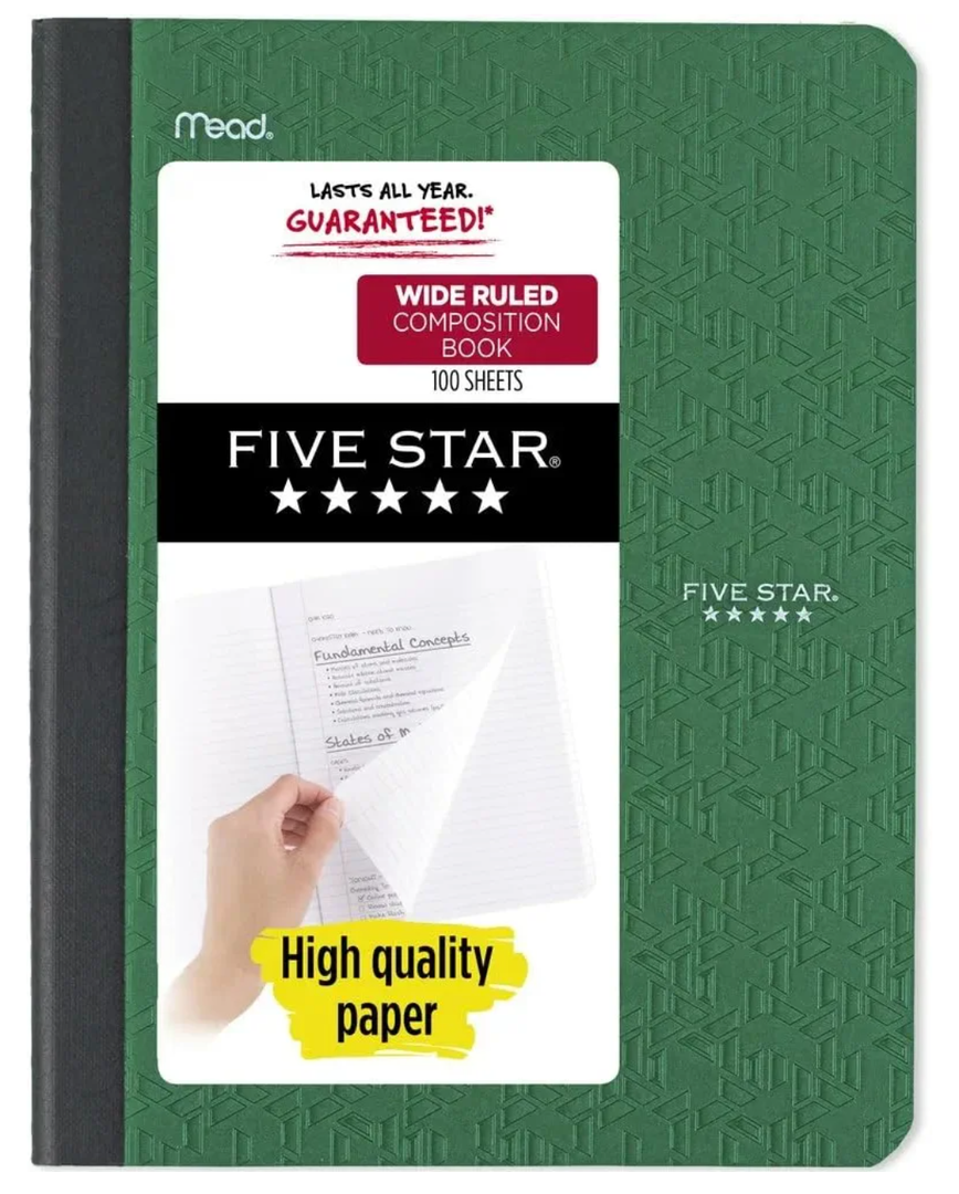 Five Star Composition Book/Notebook, Wide Ruled Paper, 100 Sheets, 9-3/4" x 7-1/2" (Green) Pack Of 2