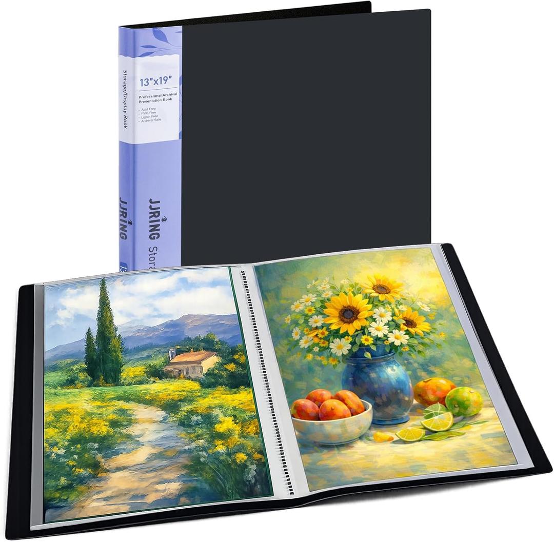 JJRING 13x19 Art Portfolio Folder with Plastic Sleeves, 24-Pocket Portfolio Binder Displaying 48 Pages, Presentation Book with Black Inner Paper for Artwork Storage, Black
