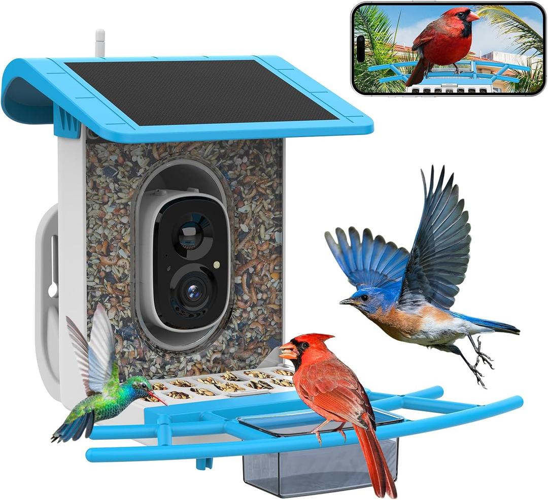 SMONET Bird Feeder with Camera B300: Smart Birdhouse Camera AI Recognition Solar Powered,Outdoor Wireless WiFi Birdfeeder Watching Live Video,Funny Birthday Gifts for Mom Mother Grandma Daughter (Blue)