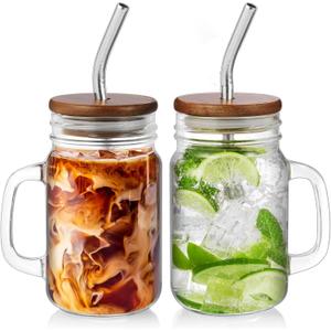 DRASTAR Iced Coffee Cup, 16 oz Mason Jar Cups with Handle, Small Glass Coffee Mugs with Straws and Acacia Lids, Drinking Glass Cups Set of 2, Smoothie, Overnight Oats Containers (Clear)