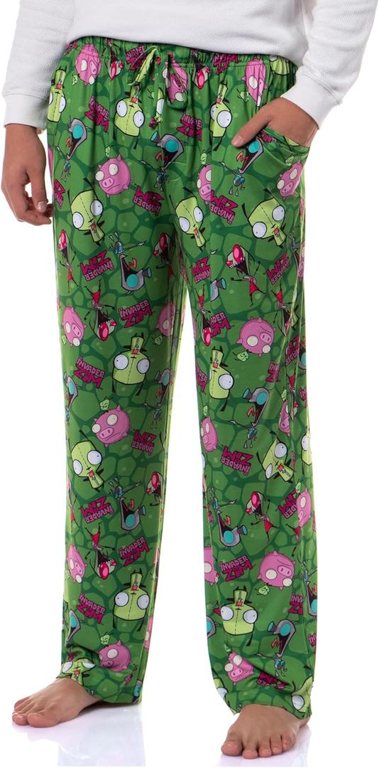 Invader ZIM Adult ZIM Gir and Pig AOP Tossed Print Sleep Pajama Pants Loungewear Sleepwear for Men Women (Green, XL)