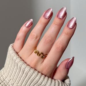 Glamnetic Press On Nails - Mertini | Short Almond Pink Cat Eye Fake Nails with Raised Gold Foil Accents, Salon Quality Summer Nails | 15 Sizes - 30 Nail Kit with Glue,3D - Mertini
