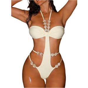 OYOANGLE Women's Strappy Beaded Halter Monokini Cutout Backless One Piece Swimsuit Cheeky Beach Leotard (Medium, Beige)