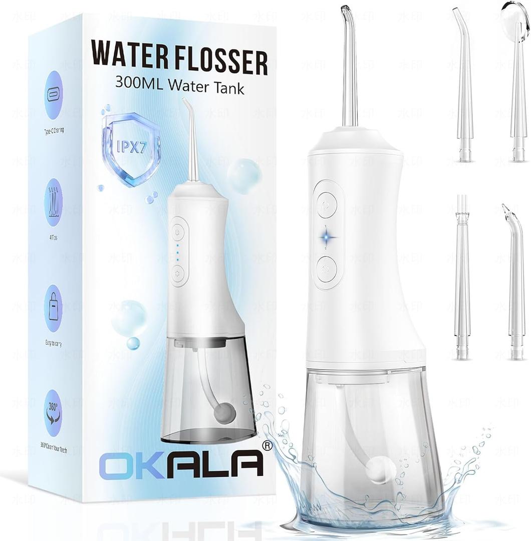 Water Dental Flosser - Portable Cordless Oral Irrigator 300ML, Rechargeable IPX7 Waterproof Irrigation Cleaner for Teeth Cleaning & Flossing, Travel & Home Use (Pearl White)