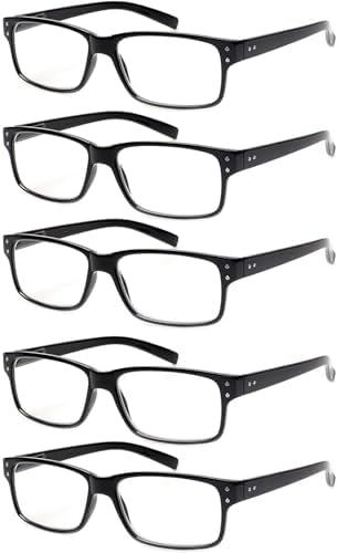 DEAAOK 5 Pack Reading Glasses for Men Rectangular Reader with Spring Hinges, 3.0x, Black