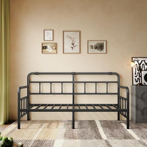 Sementa 14 Inch Daybed Twin Metal Bed Frame with Headboard Steel Slats Support, Stable Mattress Foundation, Multifunctional Platform Sofa Bed, No Box Spring Needed(Modern)