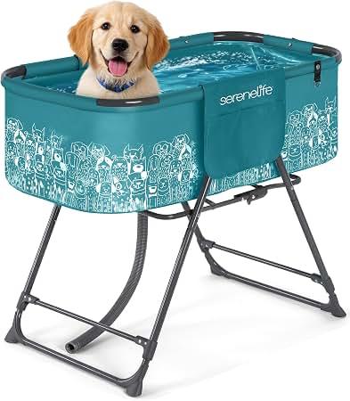 SereneLife Foldable Dog Bath Tub with Adjustable Height, 360° Access, Drain Hose & Storage Pockets – 130 lb Capacity Grooming Station for Indoor/Outdoor Use, Blue