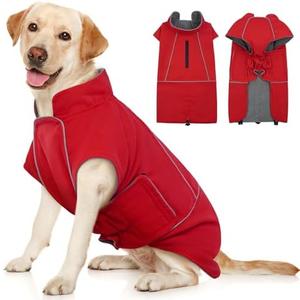 ROZKITCH Dog Rain Coat for Large Dogs, Waterproof Winter Jacket with Fleece Liner and Leash Hole Reflective Strip for Large Dog, Adjustable Hook & Loops Vest for Outdoor Hiking Travel Red 2XL