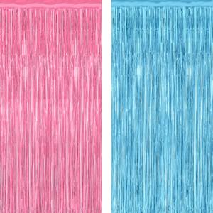 2 Pack Gender Reveal Decorations, 3.28 FT x 7.05 FT Pink and Blue Fringe Backdrop, Metallic Boy or Girl Foil Fringe Curtains Tinsel Backdrop Party Streamers, Birthday Party Decor Photo Booth Props, Pink Blue