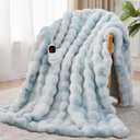 Heated Blanket Throw with 1/2/4/6/8 Hours Auto-Off 10 Heat Level, 50'' * 60'' Cozy Faux Rabbit Fur Bubble Electric Blanket with Overheat Protection(Blue)