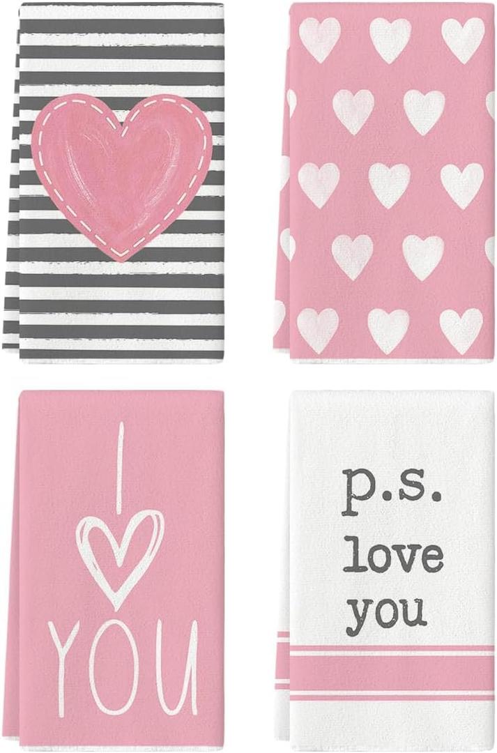 Artoid Mode Pink Heart Stripe I Love You Valentine's Kitchen Towels Dish Towels, 18x26 Inch Anniversary Wedding Decoration Hand Towels Set of 4