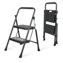 2 Step Ladder, Portable Steel Folding Step Stool with Wide Anti-Slip Pedal & Convenient Handgrip, 500lbs Sturdy Steel Ladder, Black