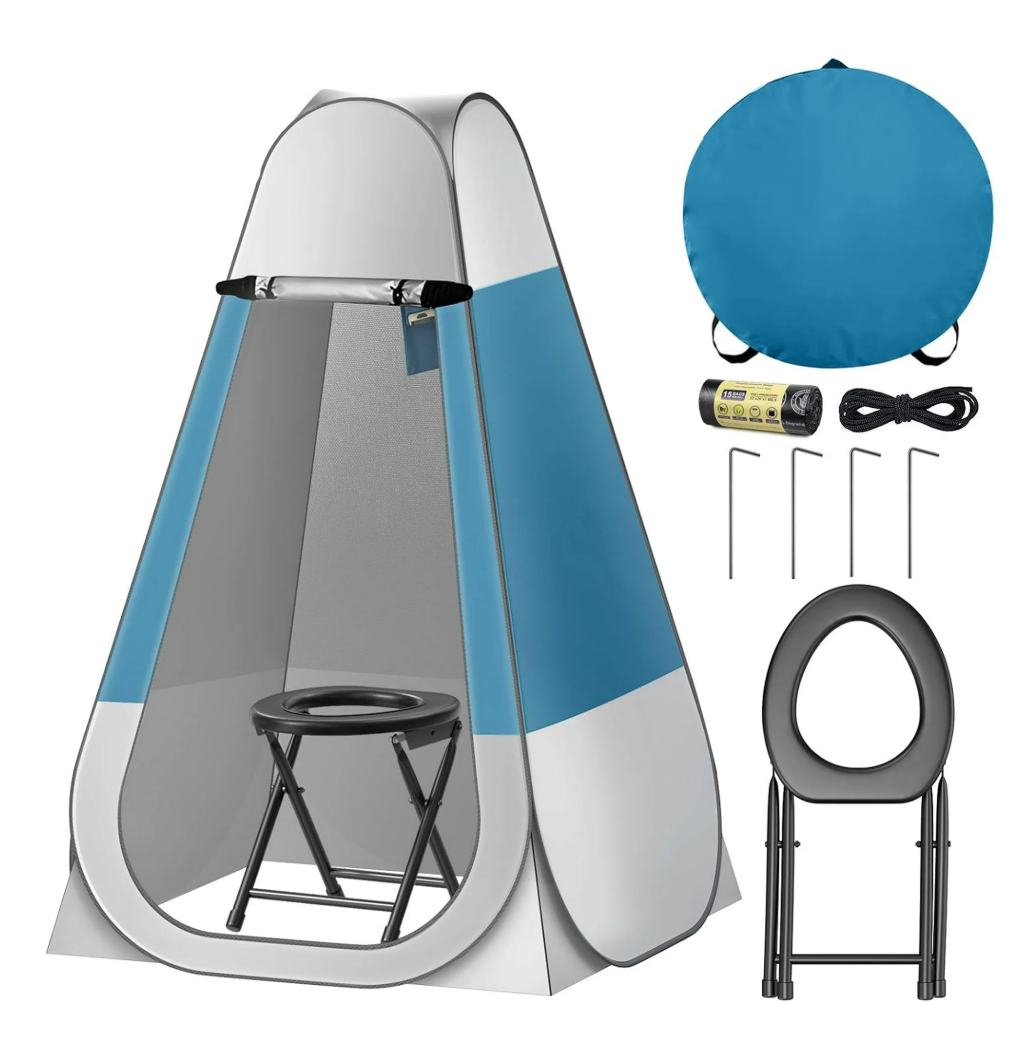 CKE Upgraded Portable Toilet Kit for Camping, Portable Camping Toilet with Pop Up Privacy Tent, Foldable Camp Toilet Set for Adults, Outdoor Folding Toilet Potty Shower Changing Room Bathroom Tent