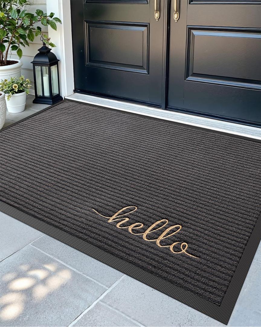 DEXI Front Door Mat Outside Entrance, 4x6 ft Rubber Entry Doormat Heavy Duty, Non Slip Welcome Mats for Inside House Floor Entryway Exterior Patio, Hello Grey