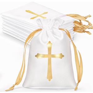 PerKoop 50 Pcs Baptism Satin Gift Bags with Drawstring 4 x 6 Inch Religious Gift Bags Cross Candy Jewelry Pouches for Baptism First Communion Party Favor(White)