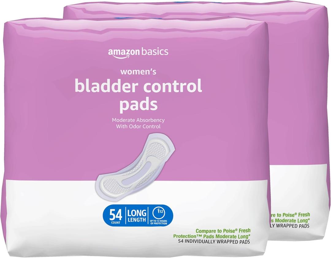Amazon Basics Incontinence Pads for Women Long, Bladder Control, Postpartum, Moderate Absorbency, Unscented, 108 Count (2 Packs of 54) Amazon Basics Incontinence Pads for Women Long, Bladder Control, Postpartum, Moderate Absorbency, Unscented, 108 Count (2 Packs of 54)