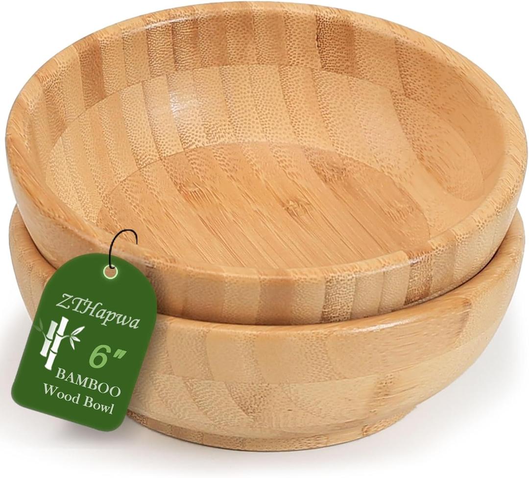 Bamboo Wooden Bowls, 6 Inch Round Serving Bowl for Salads/Fruits/Pasta/Vegetables, 17 Fl oz Handcraft Shallow Soup Bowl for Entertaining and Party, Rustic Light Wood Bowls for Food Set of 2