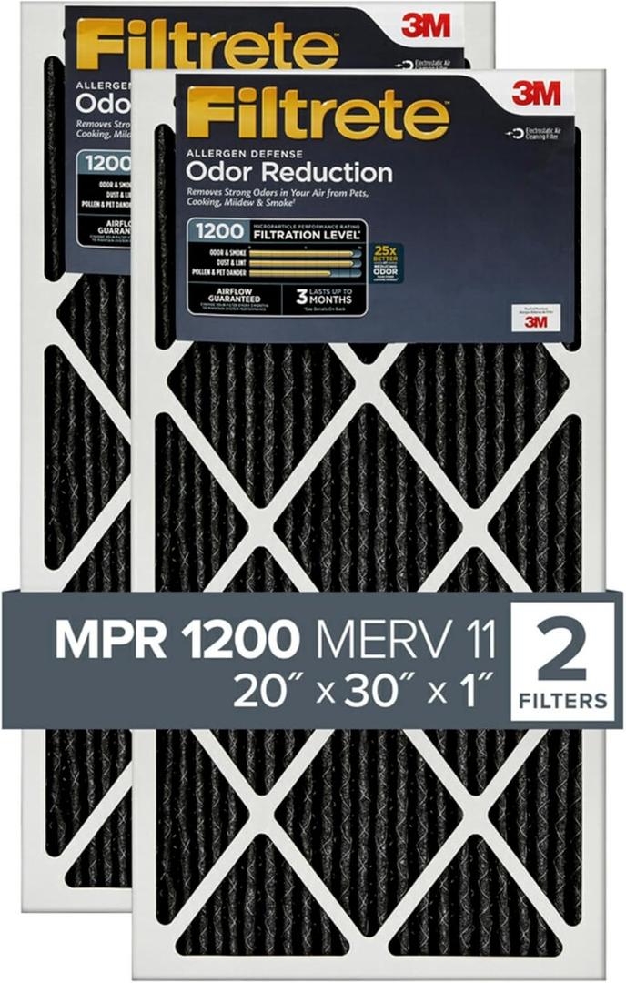 Filtrete 20x30x1 Air Filter, MPR 1200, MERV 11, Allergen Defense Odor Reduction 3-Month Pleated 1-Inch Air Filters, 2 Filters