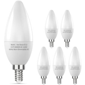 E12 LED Candelabra Bulbs 60W Equivalent, 5000K Daylight White, 6W B11 Candle Base Filament Vintage Light Bulbs, Non-Dimmable, Pack of 6