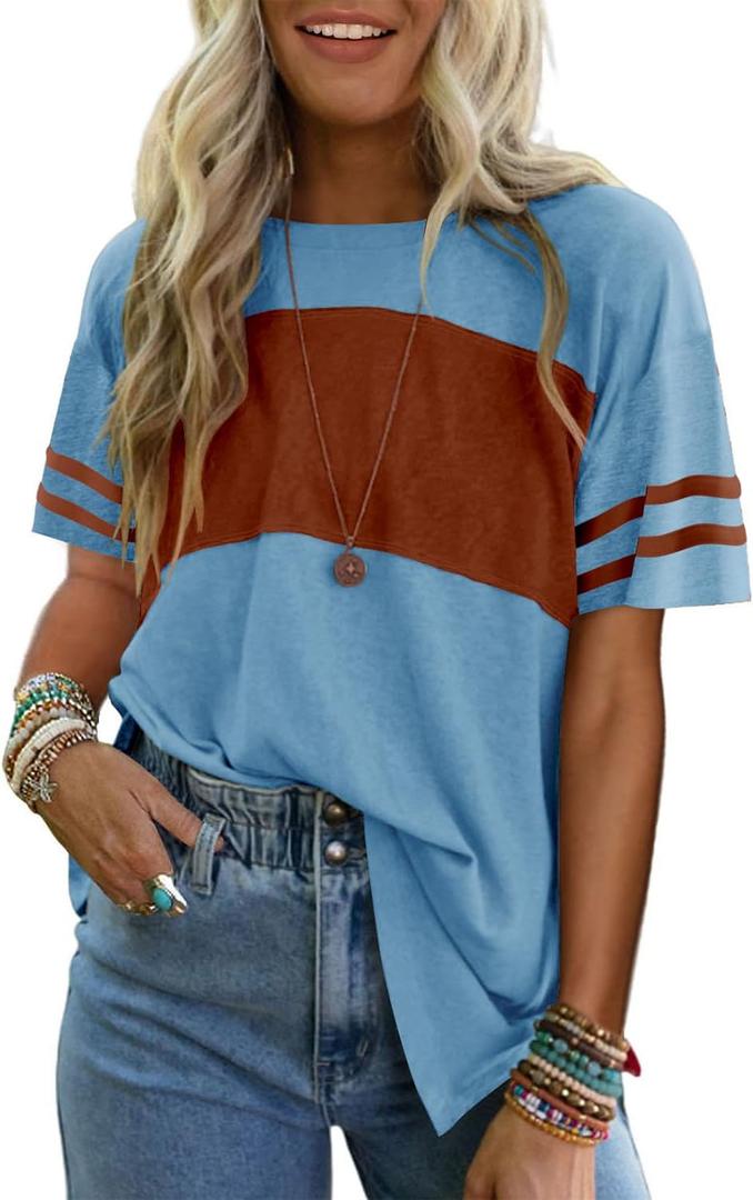 Angerella Womens Color Block Tops 2025 Summer Striped Short Sleeve T-Shirt Casual Crewneck Tunic Blouses Loose Fitted (Medium, 3-greyish Blue)