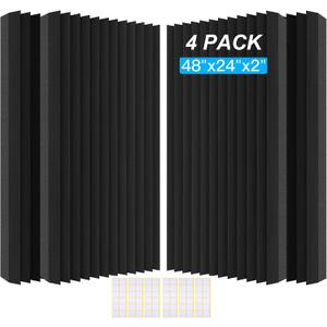 4 Pack Acoustic Foam Panels, 48 x 24 x 2" Sound Proof Foam High Density Studio Wedge Tiles Fire Resistant Acoustic Panels for Home Office, Recording Room, Studio (Black, 4 Pack)