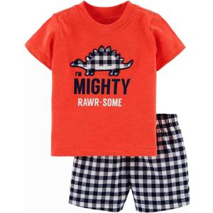 Toddler Boy Cotton Summer Short Sleeve T-Shirt and Short Set (6-7 Years, Red Dinosaur)