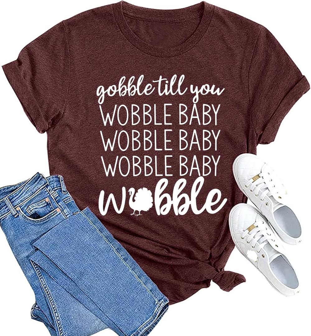 MAIHUN Gobble Till You Wobble Shirt Women Thanksgiving Shirt Funny Turkey Shirts Thanksgiving Day Tee Tops (Small, Red)