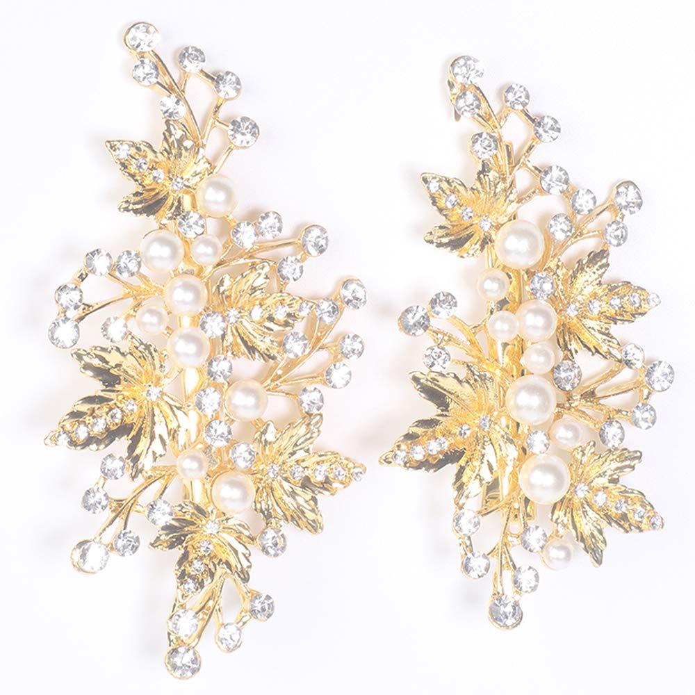 Wedding Hair Clips (Set of 2) - Rhinestone Pearl Hair Accessories for Bridal Women (Gold)