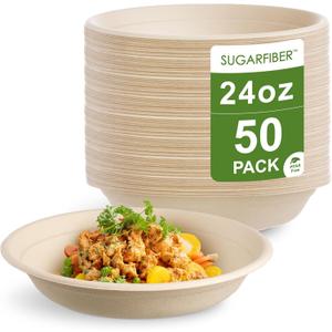[50 COUNT]Sugarfiber by Harvest Pack PFAS FREE 24oz Round Paper Bowls - Compostable Heavy-Duty Eco-Friendly Disposable Bagasse Bowl sugarcane made plant fibers for Meal Prep