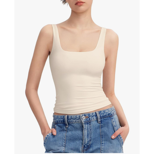 PUMIEY Women's Square Neck Tank Top Sleeveless Double Lined Basic Tops Sharp Collection (Size S)