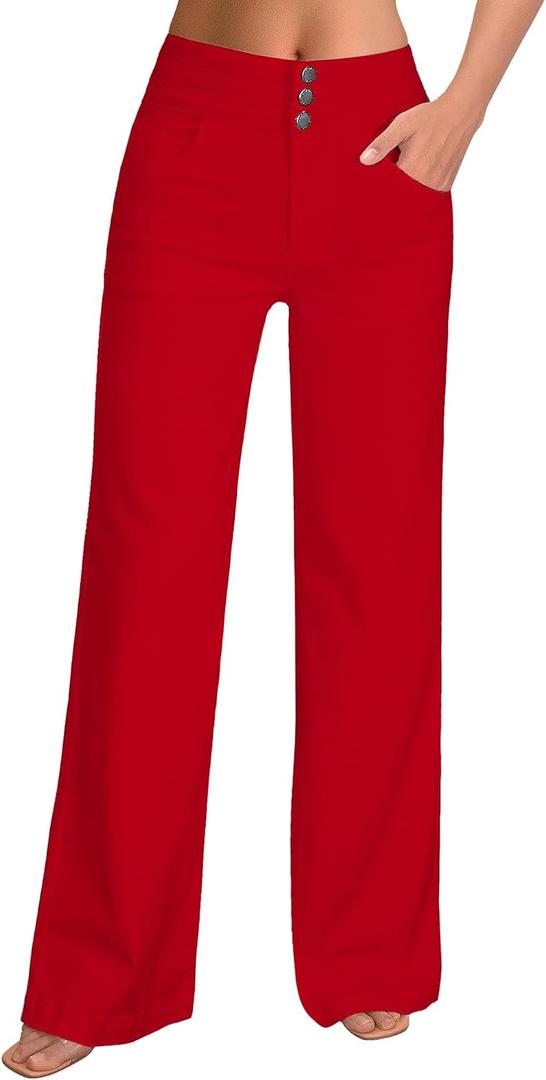 roswear Women's Wide Leg Jeans Casual High Waisted Stretch Baggy Loose Denim Pants (Red, M)