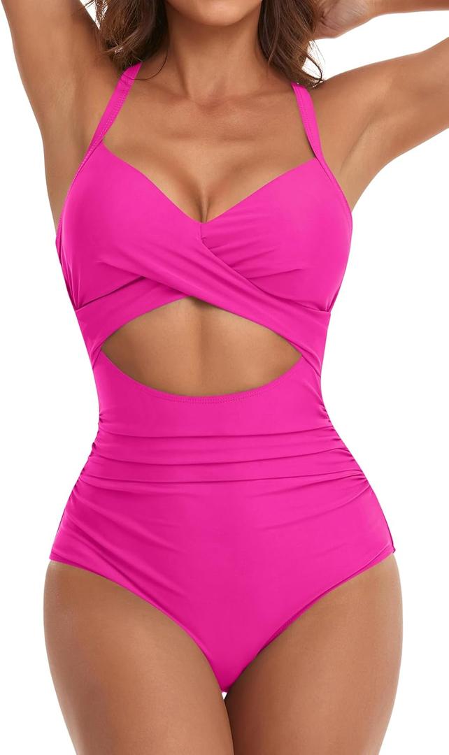 Eomenie Women's One Piece Swimsuits Tummy Control Cutout High Waisted Bathing Suit Wrap Tie Back 1 Piece Swimsuit (Hot Pink) S
