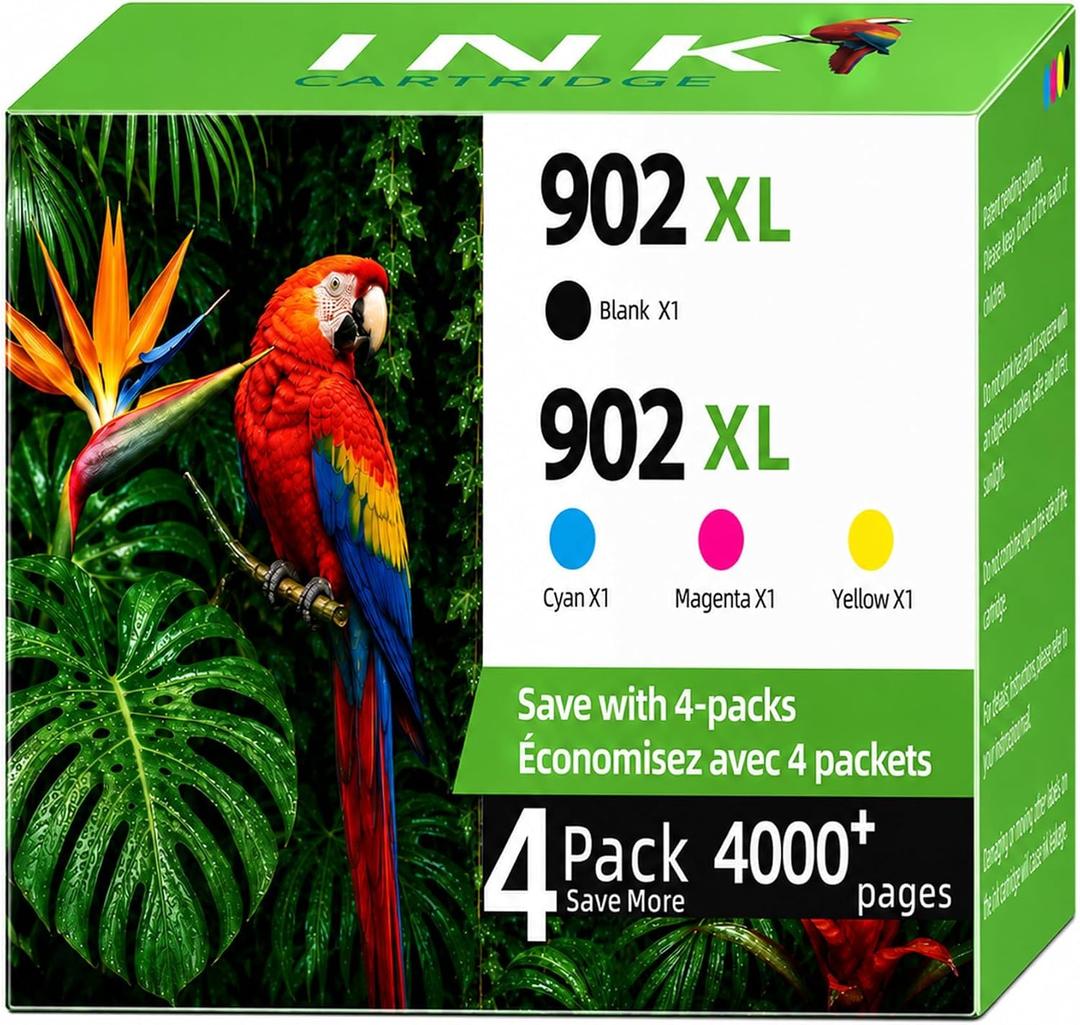 902XL Ink Cartridges Replacements for HP 902 Ink Cartridges Combo Pack (4 Pack), Compatible OfficeJet 6950 6951 6954 6956 6958, OfficeJet Pro 6960 6968 6970 6971 6974 (Cyan Magenta Yellow)